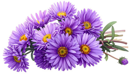 Fototapeta premium A vibrant bouquet of purple daisies with yellow centers, digitally rendered on black