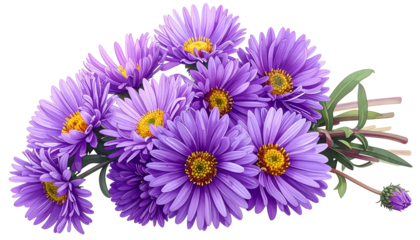 A vibrant bouquet of purple daisies with yellow centers, digitally rendered on black