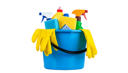 Bright blue bucket overflowing with cleaning supplies like spray bottles, gloves, and sponges