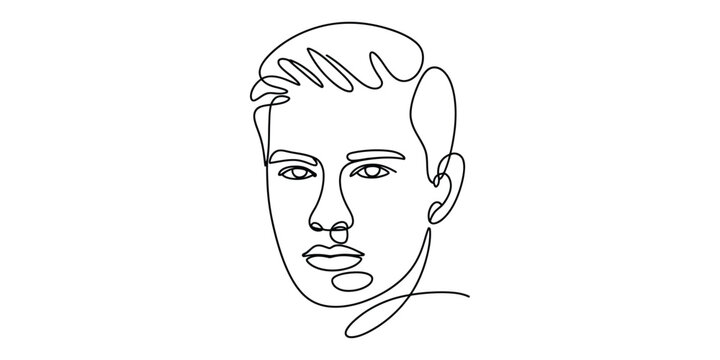 Minimalist continuous line art drawing of a male face in abstract style on white background