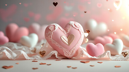 Pink heart pillow with lace and gold accents surrounded by smaller hearts