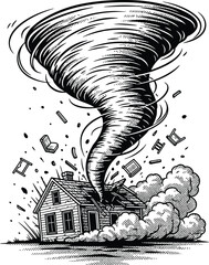 Powerful Tornado Natural Disaster Destroying House Woodcut Style Black and White Vector