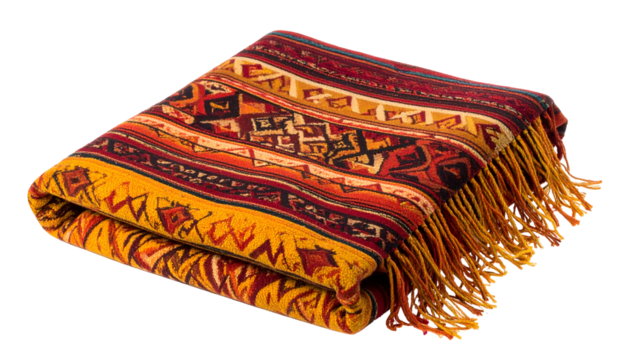 A folded blanket with a vibrant woven pattern and long fringe against a black backdrop - Powered by Adobe
