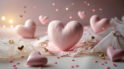 Pink heart shaped pillow surrounded by hearts and lace