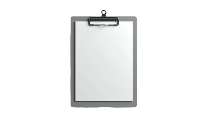 A gray clipboard holding a blank white sheet of paper, against a stark black background