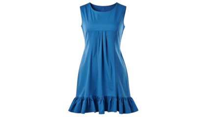 Sleeveless, mid-length blue dress with gathered bodice and ruffled hem