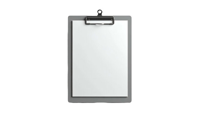 A gray clipboard holding a blank white sheet of paper, against a stark black background