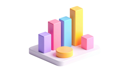 A colorful, 3D rendered bar graph rising from a platform, with varying heights