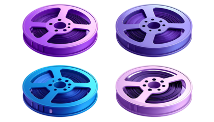 Four colorful isometric film reels; each a different shade of purple and blue