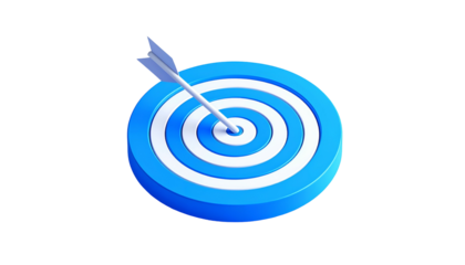 3D rendered, blue and white target with an arrow centered, isolated on black
