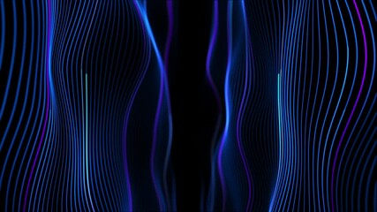 Abstract blue luminous wave lines forming symmetrical flowing walls on deep black background. Elegant vertical light ribbons with smooth oscillation, neon blue gradients, minimal futuristic  looping - Powered by Adobe