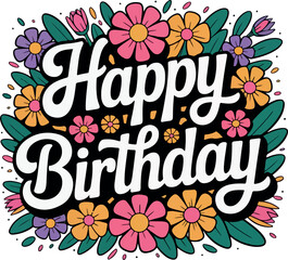 Happy birthday clipart typography design
with flower logo vector white background 