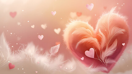 Pink heart with feathers and smaller hearts white feathers