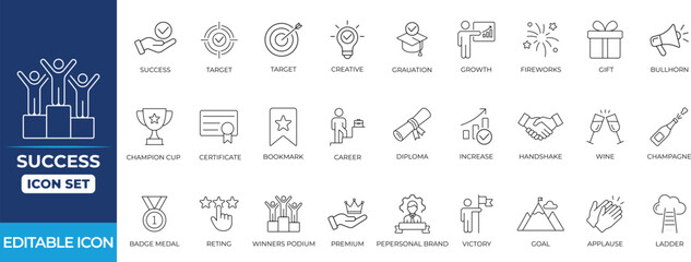 Success line icon set featuring achievement, growth, target, medal, review, satisfaction, victor, and motivation symbols for business, goals, apps and presentations