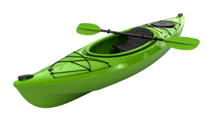 Green kayak, paddle, dark seat, deck rigging, against black. Water droplets appear