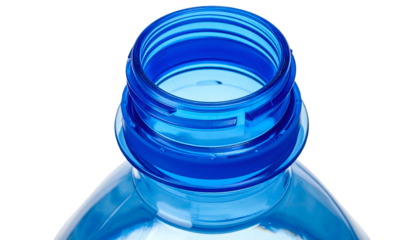 Close-up of a blue plastic bottle neck. The focus is on the threads and the opening