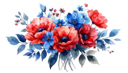 Watercolor floral arrangement featuring red poppies and blue accents on black background