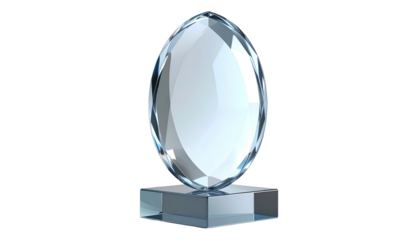 Crystal award shaped like an egg, set on a block base, rendered on a black background