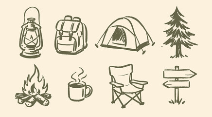 Camping icons set hand drawn doodle vector illustration