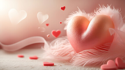 Pink heart surrounded by feathers and small hearts