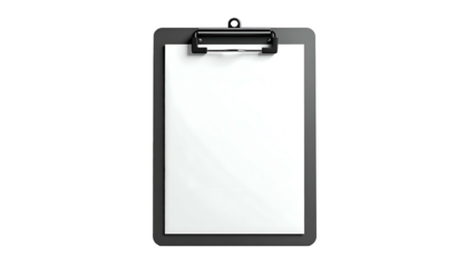 A sleek, realistic render of a black clipboard with a blank white sheet against a dark background