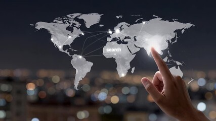 AI cloud computing and data analytics concept featuring a hand interacting with a digital world map. - Powered by Adobe