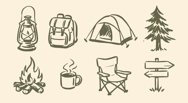 Camping icons set hand drawn doodle vector illustration