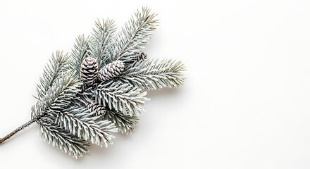 Frosty Pine Branch with Cone on White Background