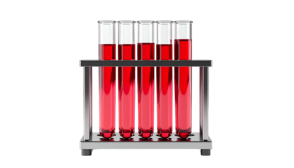 Five clear test tubes, filled with red liquid, in a metal rack, against black background