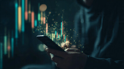 Anonymous individual analyzing stock market data on a smartphone with glowing digital charts and AI insights