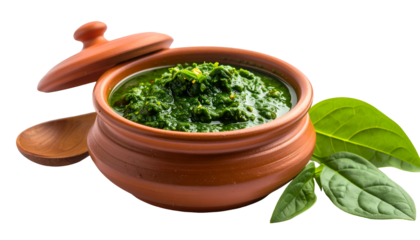 A clay pot of vibrant green leafy food, spoon, lid, and spinach leaves nearby