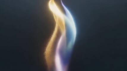 Ethereal sequence of glowing particle trails evolving in form. Abstract digital art showing a magical flame transformation from blue and gold on a dark background