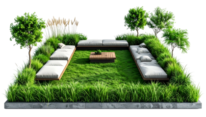 A serene outdoor living space featuring grassy area, seating, and lush greenery