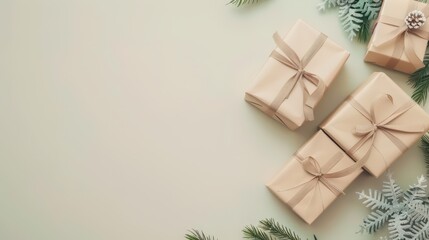 Festive new year sale with gift boxes and snowy decorations for holiday marketing. Horizontal banner. Copy space. Flat lay. Boxing day. Holiday shopping concept. Top view