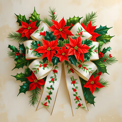 Bow ribbon with flowers of Christmas and leafs