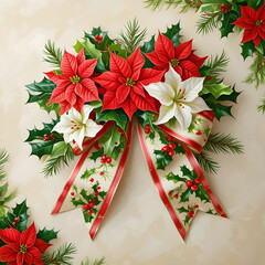Bow ribbon with flowers of Christmas and leafs