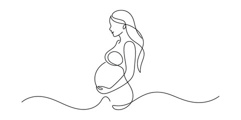 Beautiful minimalist continuous line drawing depicting a pregnant woman's silhouette