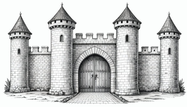 Medieval stone castle gate with towers and fortified walls architectural sketch