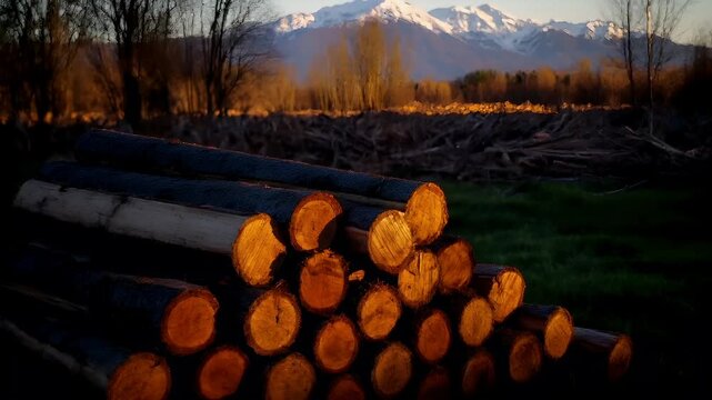 Deforestation. Environment conservation. Ecosystem. A closeup of a pile of logs in a field with a mountain range in the background. The logs are neatly stacked and appear to be freshly cut.