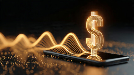 Dynamic Digital Finance Growth A Luminous Dollar Icon Emerging from a Smartphone Screen, Visualizing Online Investment, Mobile Banking, and Economic Progress