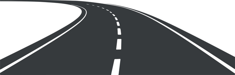 A curving black road with dashed white lane markings against a white background © Suplab_Designer