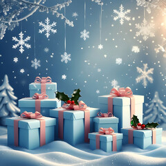 Christmas blue background with gift boxes and snowflakes