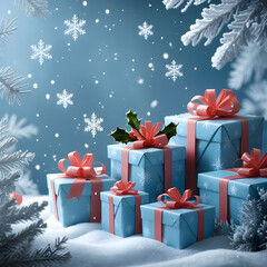 Christmas blue background with gift boxes and snowflakes