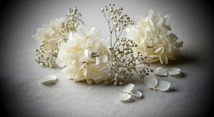 White Hydrangea Flowers with Gypsophila on Soft Fabric