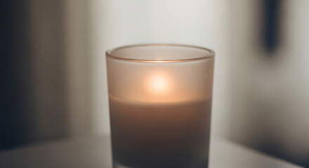 Candle in Glass Cuplit by Warm Flame on Table