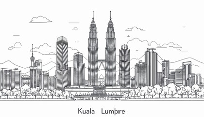 Naklejka premium Line art sketch of the Kuala Lumpur skyline featuring the Petronas Twin Towers