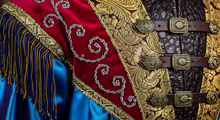 Close Up of Ornate Costume Details with Embroidered Fabric Fringe and Buckles