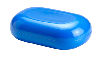 Bright blue, oval-shaped plastic soap dish, lid closed. Glossy surface, slight highlights