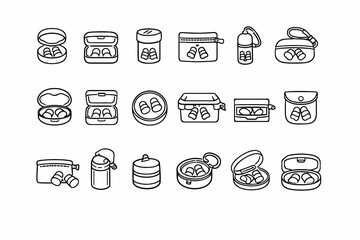 Black and white icon set of earbuds in various cases and containers