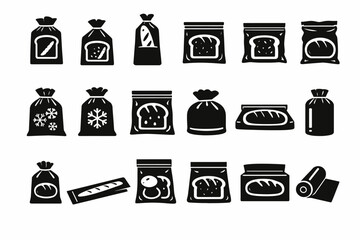 Various bread packaging icons in black and white